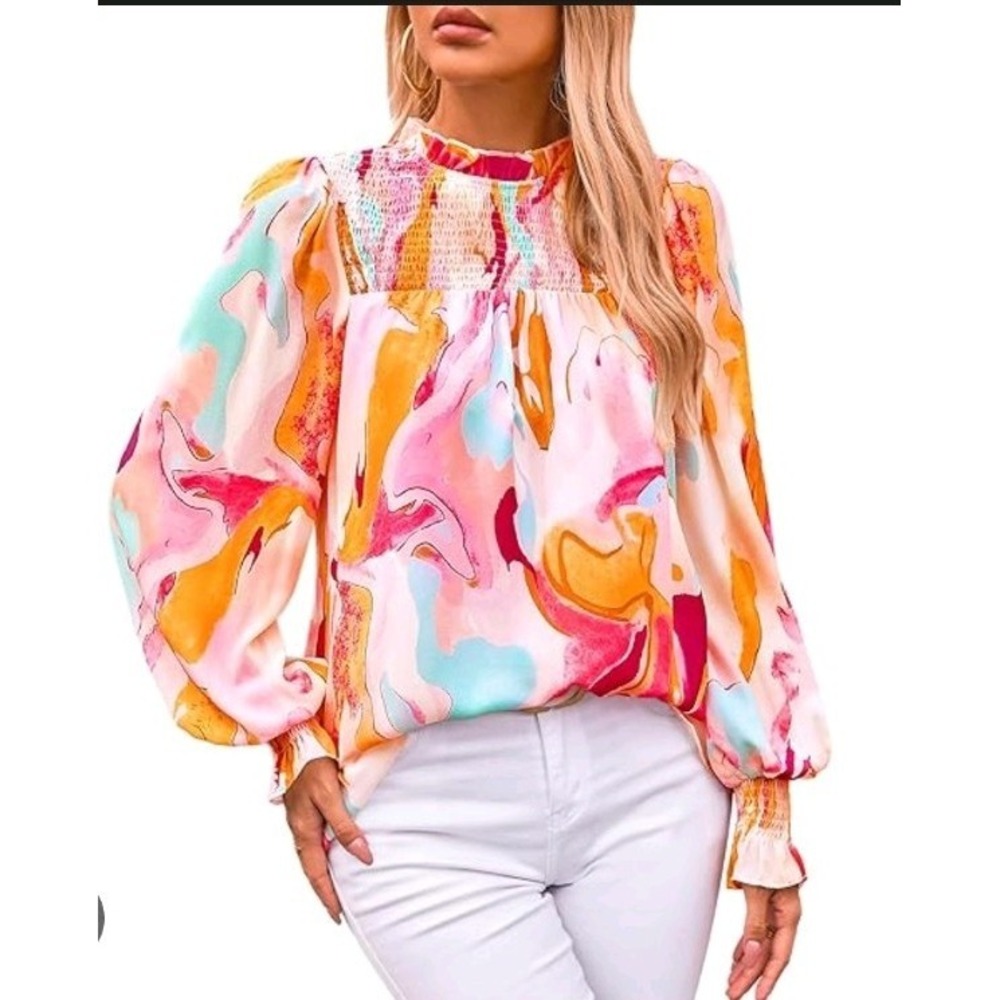 NWT Womens SM Top Blouse Spring Floral Colorful High Neck Long‎ Sleeve Dressy